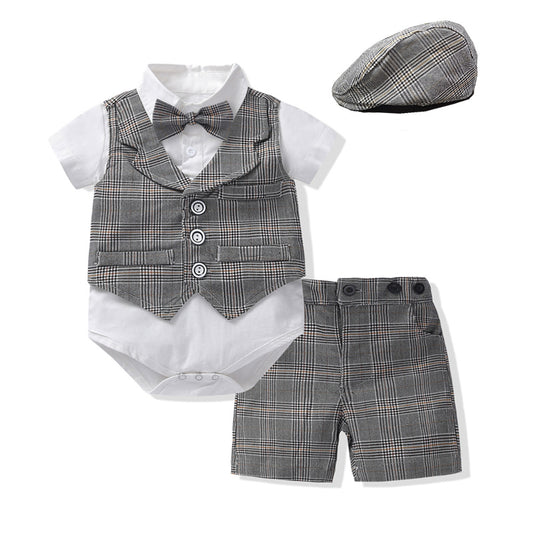 Baby Boy Gentleman Suit Romper Vest Shorts Bow Tie