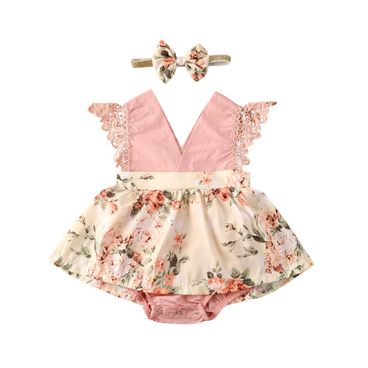 Girl Princess Clothes Baby Romper Girls Floral Lace V Neck Sleeveless  Jumpsuit Newborn Headband Kid Outfits Summer Clothing