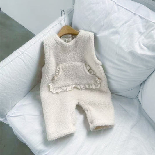 Winter Fleece-lined Infant Western Style Soft Thick Lambswool Lace Large Pockets Sleeveless Romper Jumpsuit